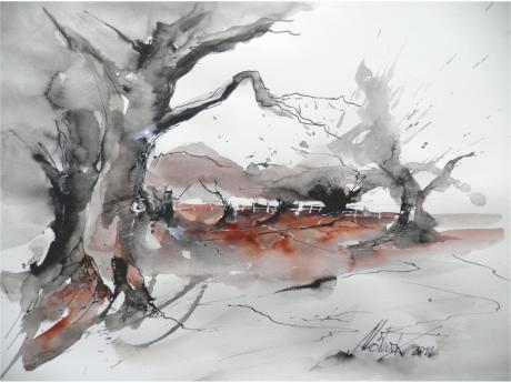 Olivenhain - Tusche/Rohrfeder auf Aquarellpapier - Heinz Motnik - Array auf Array - Array - Array Olivenhain - Tusche/Rohrfeder auf Aquarellpapier - Heinz Motnik - Array auf Array - Array - Array